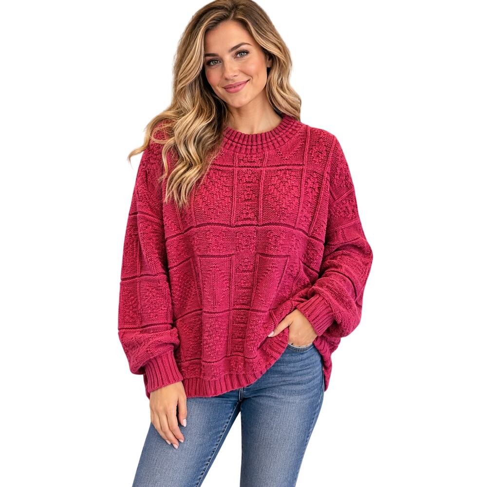 Eagle pass XL hot pink fuschia slub chunky knit sweater vintage winter warm